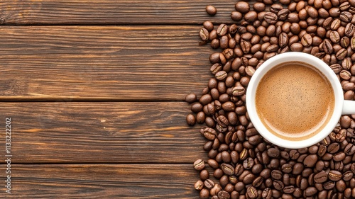 A cozy cup of coffee surrounded by roasted beans on a wooden surface, perfect for coffee lovers and relaxing moments.