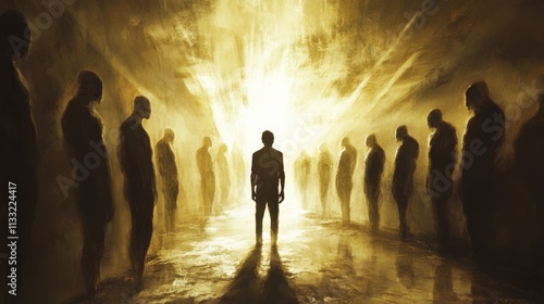 A man walks a path between shadowy figures towards a distant light, evoking themes of inner journey, self-reflection, and enlightenment in a dramatic, moody setting with contrasting shadows.. AI