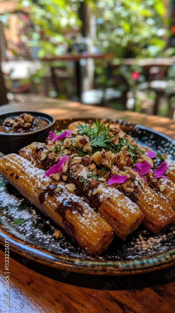 Fototapeta premium A plate of dessert featuring fried dough, chocolate sauce, nuts, and edible flowers.