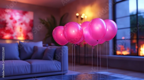 Vibrant Pink Balloons Floating in a Cozy Living Room with Modern Decor and Warm Ambiance Radiating Joy and Celebration Atmosphere for Various Events