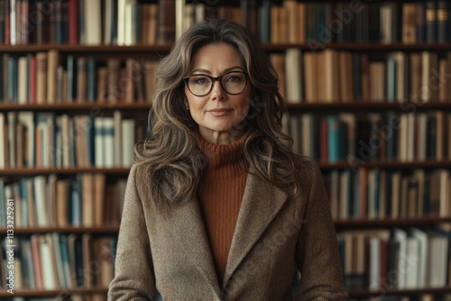 A confident woman with glasses stands in front of bookshelves, radiating intelligence and expertise.