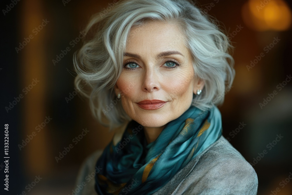 Fototapeta premium Elegant mature woman with short, wavy gray hair, wearing a teal scarf. Beautiful portrait.