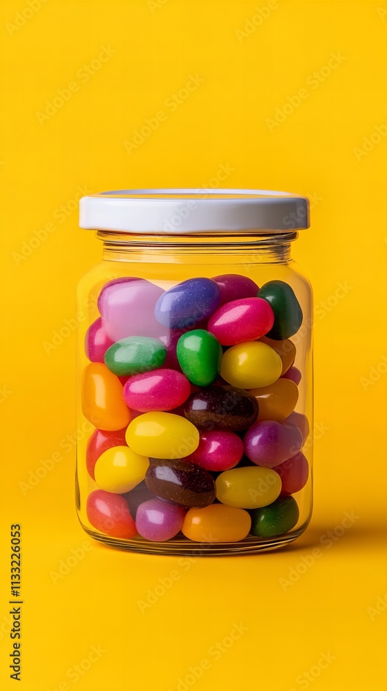 Colorful jelly beans in glass jar against a bright yellow background. Colorful jelly beans in glass jar against a bright yellow background.