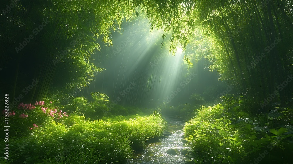 Fototapeta premium Misty bamboo forest with sunlight filtering through lush greenery and a flowing stream