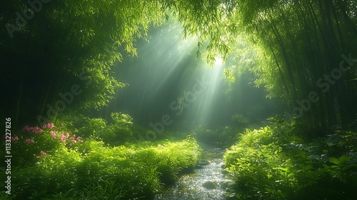 Misty bamboo forest with sunlight filtering through lush greenery and a flowing stream