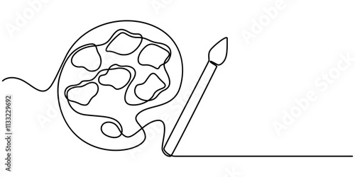 Palette and paint brush continuous one line drawing vector illustration, Continuous one line drawing of a art materials. Artsy brushes and painting palette one line drawing vector illustration isolate