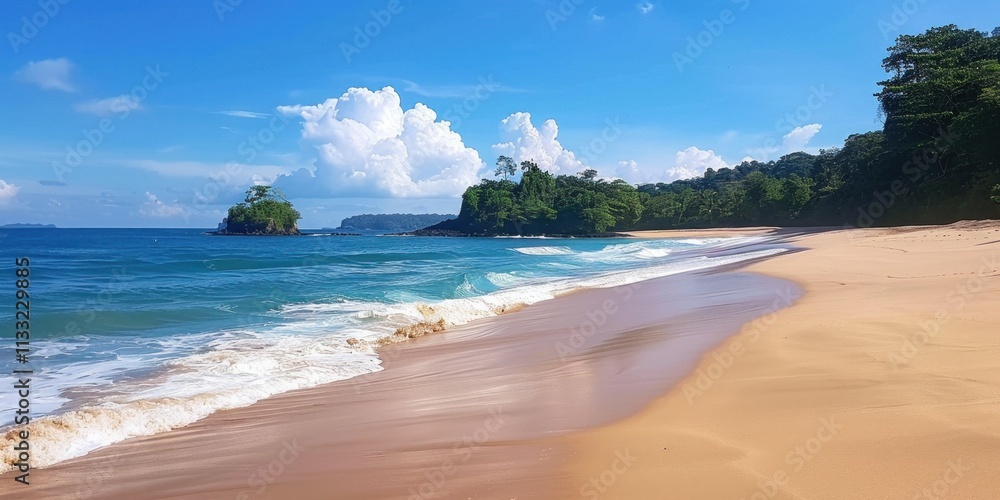 Obraz premium Soft waves lap at the shore, highlighting the pristine golden sand and lush greenery