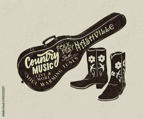 Western country music festival vector design, Guitar case and cowboy boots vector art, Nashville folk music festival artwork for t shirt, sticker, poster, screen print