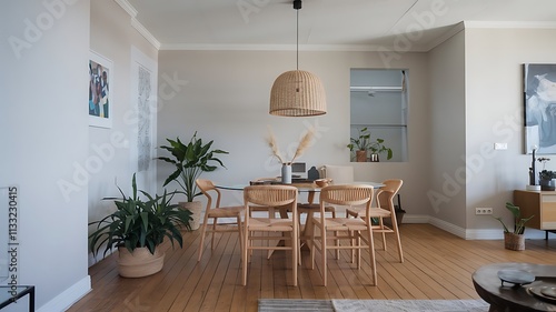 Modern Dining Room With Dining Table, Chairs, Houseplant And Wicker Lamp