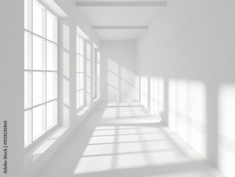 Fototapeta premium Sunlit White Corridor: Minimalist Architecture Photography
