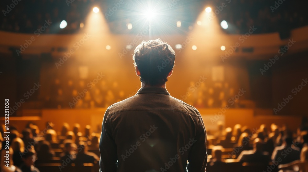 Captivating moment of a speaker addressing an engaged audience in a vibrant theater setting during an evening event Captivating moment of a speaker addressing an engaged audience in a vibrant theater setting during an evening event