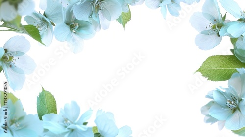 Light blue flowers with green leaves border a blank white space, evoking tranquility and freshness