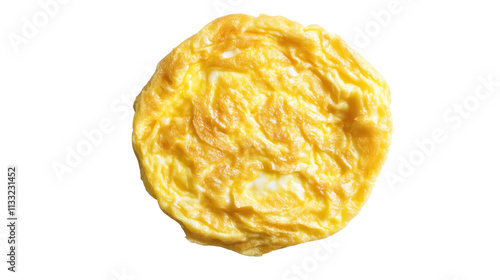 Fluffy scrambled eggs, breakfast food. Golden fried egg, round, delicious. Scrambled egg, overhead view.