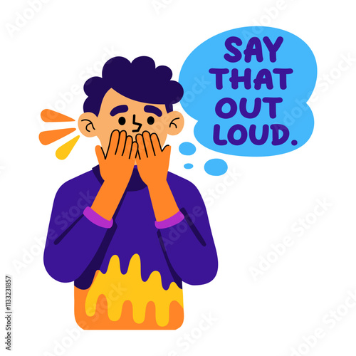 A flat sticker of a character with say loud typography