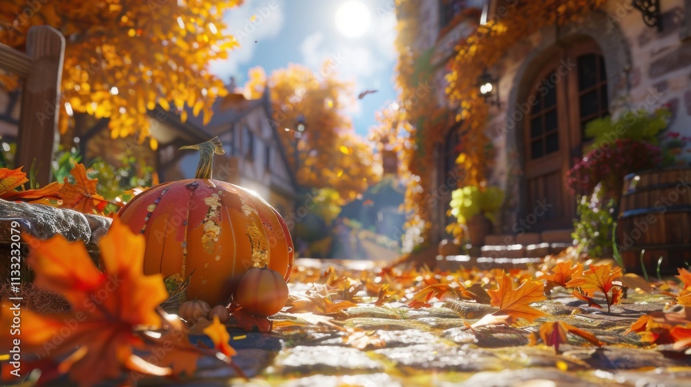 Fototapeta premium Colorful leaves cover the cobblestone street, with a pumpkin in the vibrant autumn scene
