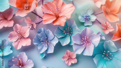 A pastel floral arrangement features various flowers in soft shades of blue and pink