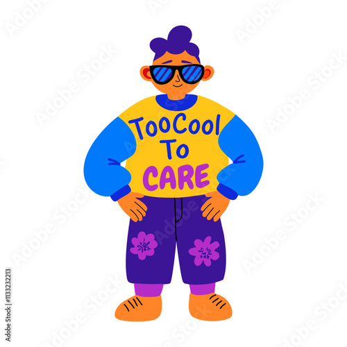 A flat sticker of a careless character wearing sunglasses with sarcastic typography 