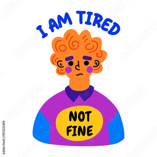 A flat sticker of a tired man with not fine typography 