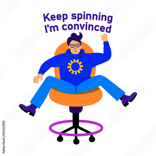 A flat sticker of a character with keep spinning sarcastic typography 