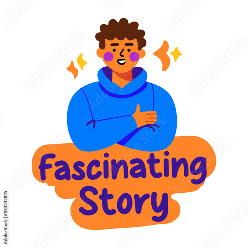 A flat sticker of a character with fascinating story typography 