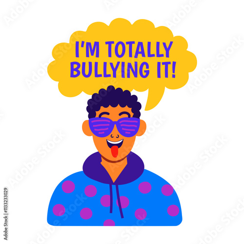 A flat sticker of mocking character with bullying it typography 