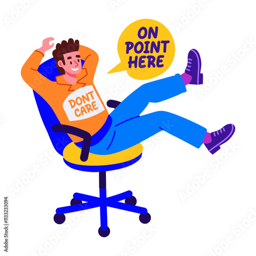 A flat sticker of a character laying on chair with dont care typography 