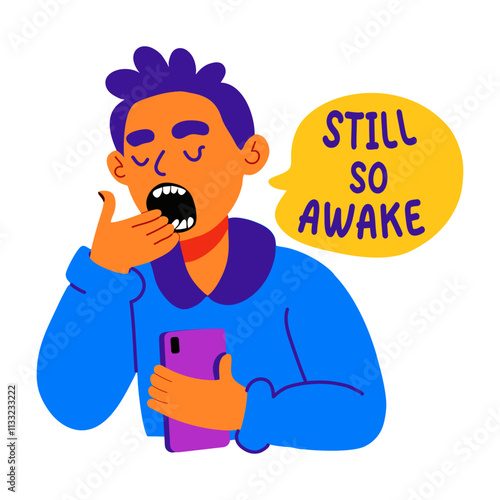 A flat sticker of a yawning character with still so awake typography 