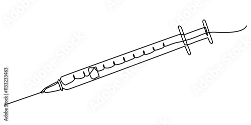 Vaccine. Insulin. Coronavirus. One line drawing. Vector illustration continuous line drawing, Insulin syringe, injection, vaccination, medical supplies, equipment one line art. Continuous line drawing