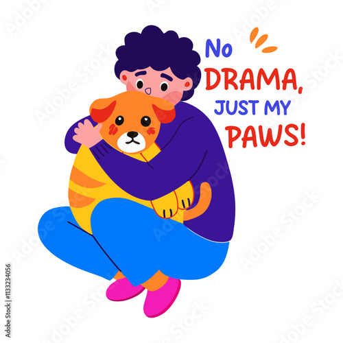 A flat sticker of a character with his dramatic pet dog
