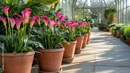 Wallpaper Mural Beautiful display of pink calla lilies in a bright greenhouse during springtime Torontodigital.ca