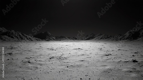 A breathtaking black and white view of a desolate lunar landscape with rugged terrain. photo