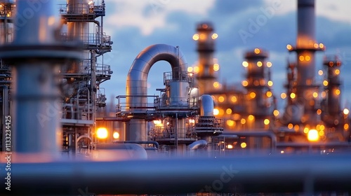 Large industrial plant with many pipes. Industrial facility is illuminated. Illustration for banner, poster, cover, brochure, advertising, marketing or presentation. photo