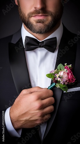 A handsome Caucasian man in a tuxedo, adjusting his boutonnière, embodying elegance and sophistication. photo