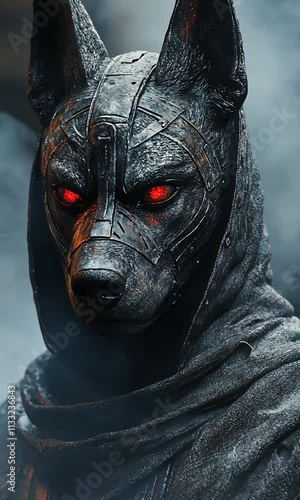 A dark, armored figure resembling a dog, with glowing red eyes, shrouded in smoke and mystery. photo