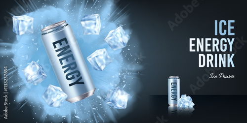 Realistic energy drink in an aluminum can with flying ice cubes on a dark background. Banner concept for advertising fresh cold drinks with text
