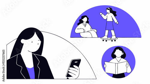 A woman is absorbed in her mobile phone while other figures engage in different activities such as skateboarding and reading.Design uses a simple monochromatic color scheme with purple accents. AI gen