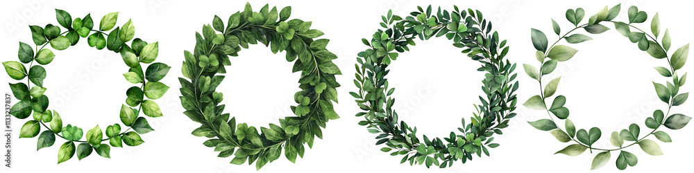 Fototapeta premium St Patrick's Day holiday and heritage, Four distinct circular wreaths made of lush green leaves, showcasing different leaf arrangements and sizes.