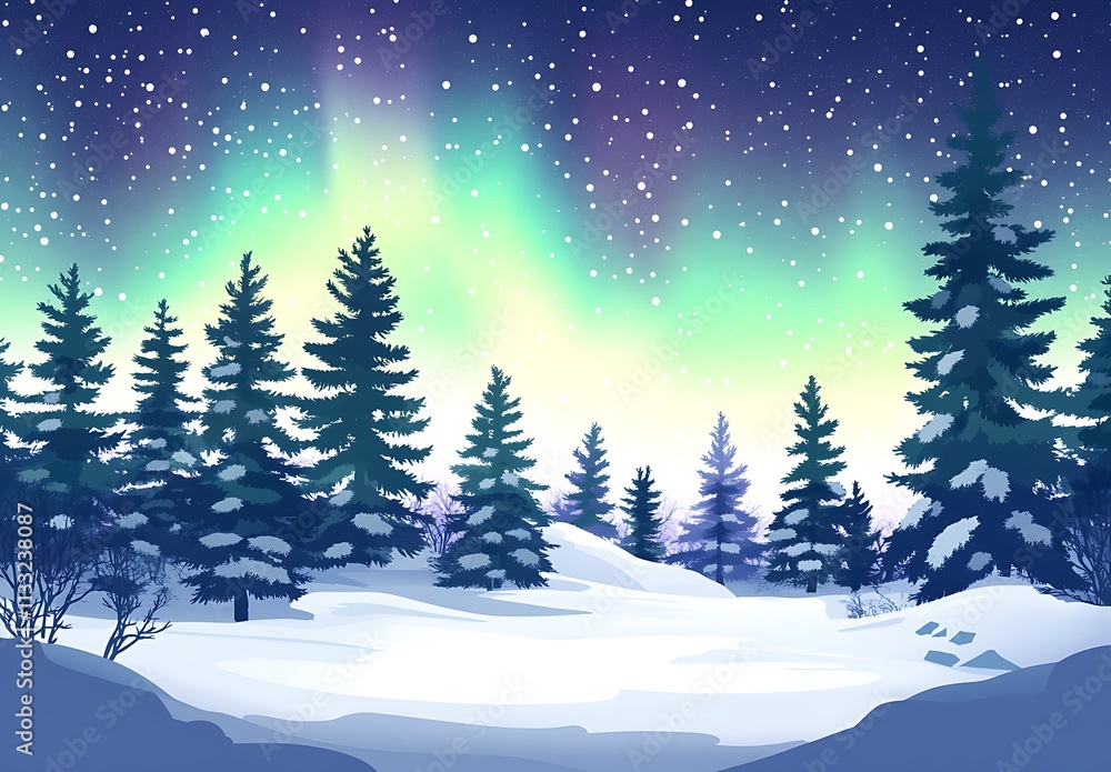Obraz premium Northern Lights over snow-covered forests winter background