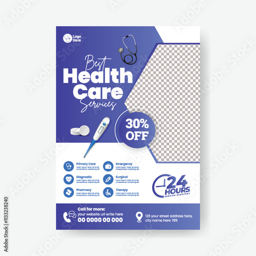 Online Medical Healthcare consultation service print flyer or poster template and dentist and doctor flyer or poster leaflet brochure cover design