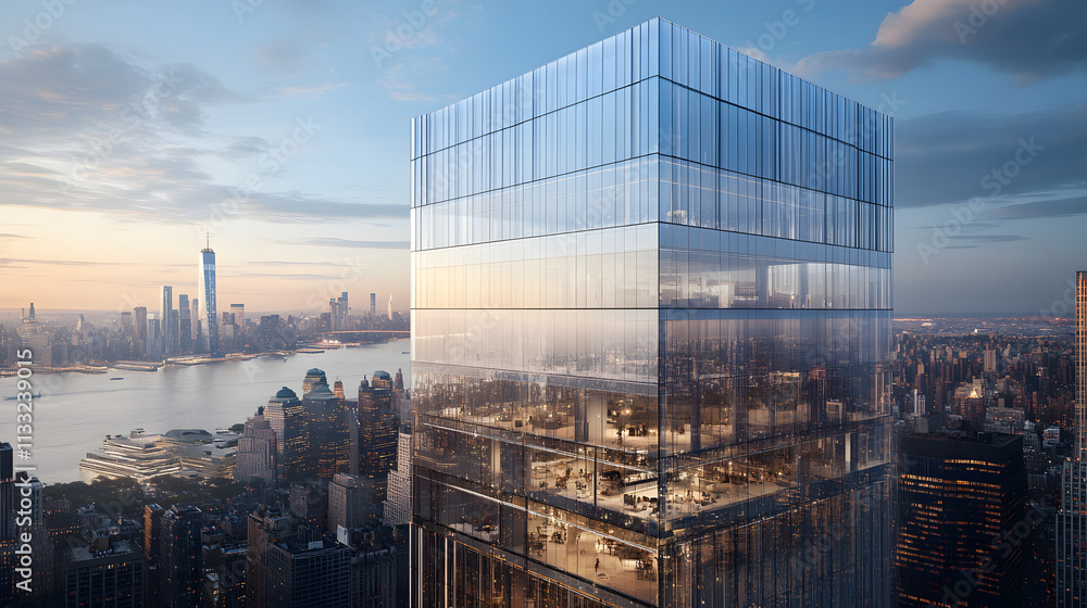 Fototapeta premium A sleek glass office building with illuminated interiors at sunset, surrounded by an urban cityscape and warm evening light. .