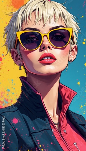 A striking portrait of a confident woman with short, platinum blonde hair, wearing oversized yellow sunglasses and a chic black jacket. The colorful splashes in the background enhance her bold