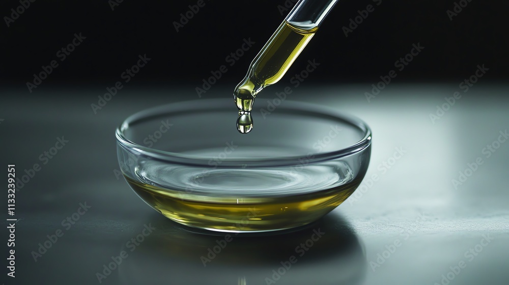 Dropper releasing oil into a clear glass bowl on a reflective surface. Dropper releasing oil into a clear glass bowl on a reflective surface.