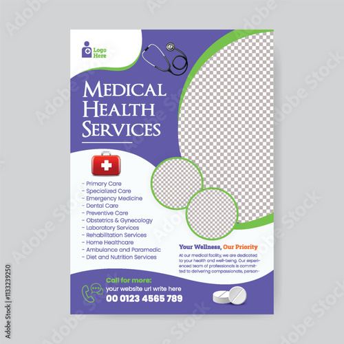Modern a4  editable print flyer or poster template for Medical Healthcare service,  hospital clinic, doctor-dental flyer or poster design, nursing and home care flyer leaflet, brochure cover design
