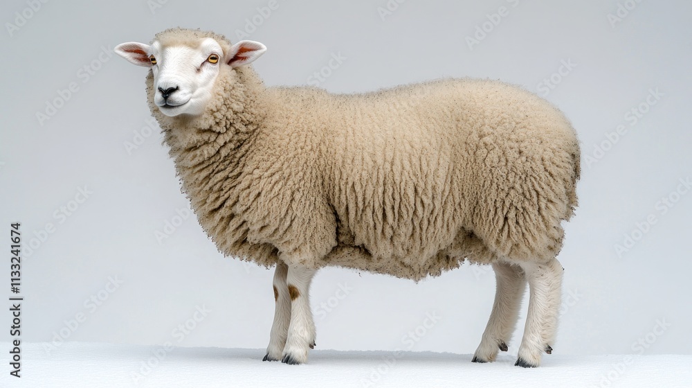 Fototapeta premium Cream-colored sheep, standing profile view, against a plain background.