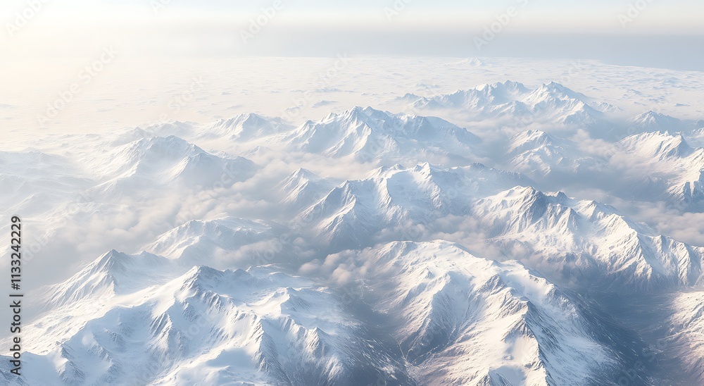 Fototapeta premium Snowy mountains surrounded by clouds, winter background