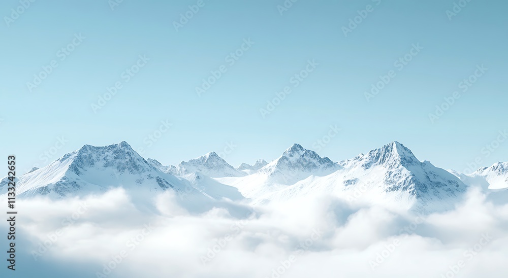 Fototapeta premium Snowy mountains surrounded by clouds, winter background