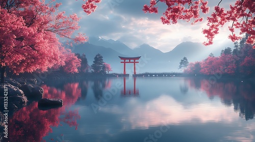Idyllic scene of a torii gate silhouetted against a backdrop of cherry blossoms