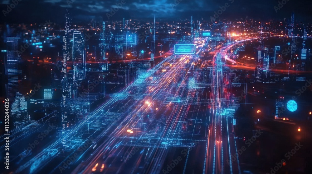 Fototapeta premium Futuristic Cityscape at Night with Digital Data Overlay, Vibrant Lights, and Technology Visualization in Urban Environment