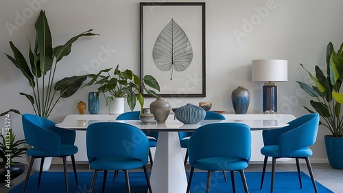 Elegant dining room decor features blue chairs, a white table, indoor plants, and framed leaf artwork for a fresh, modern look