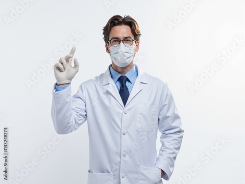 Doctor wearing surgical mask and gloves is pointing upwards